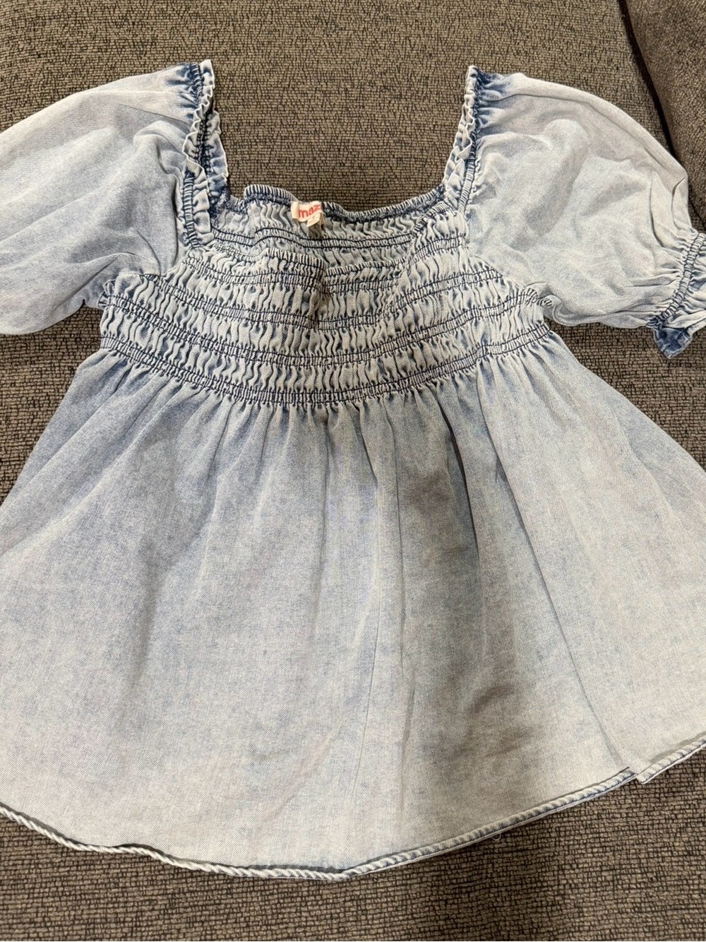 Mazik Light Blue Denim Smocked Puff Sleeve Top